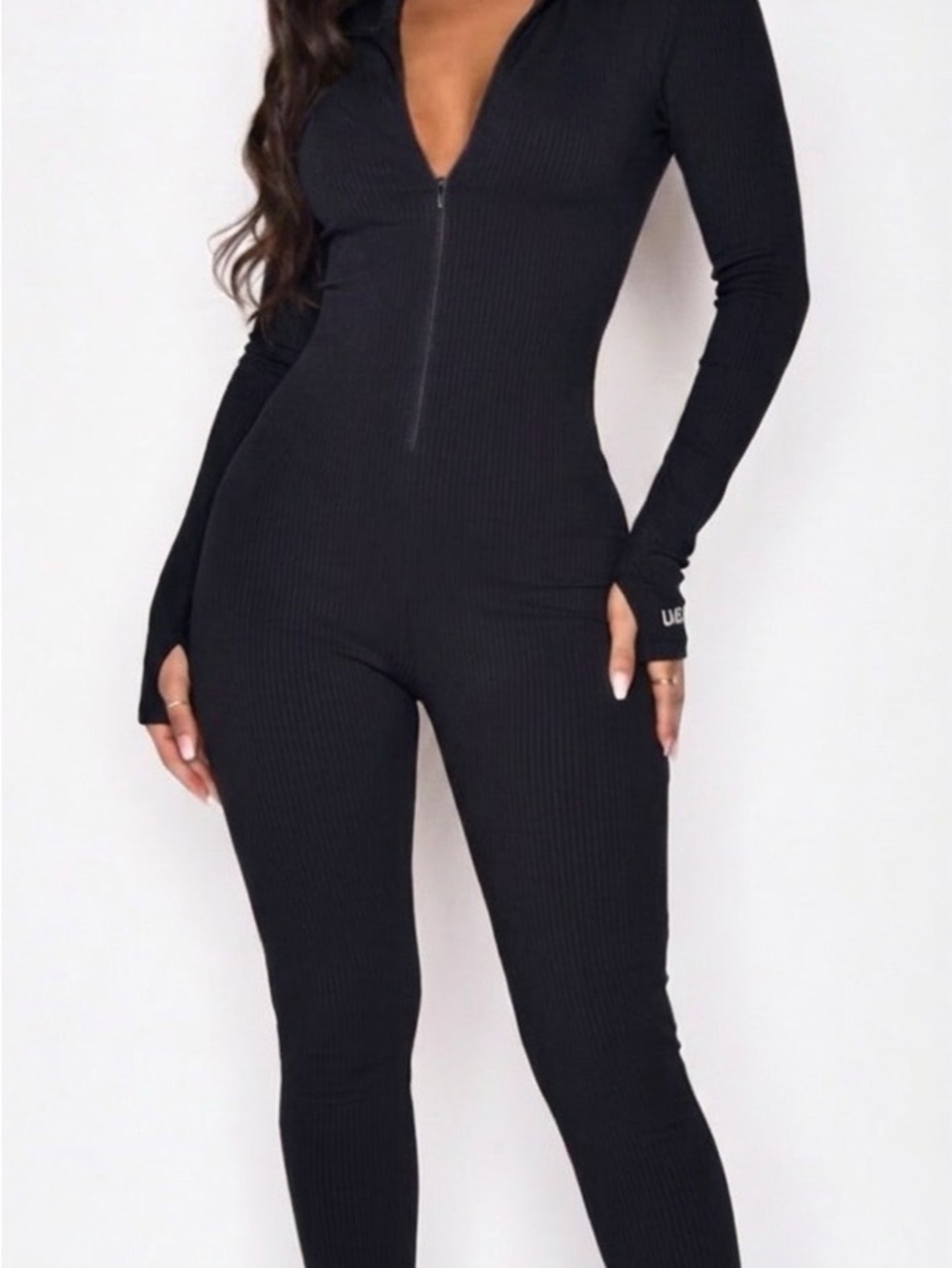 Women's Black Ribbed Zip-Front Jumpsuit